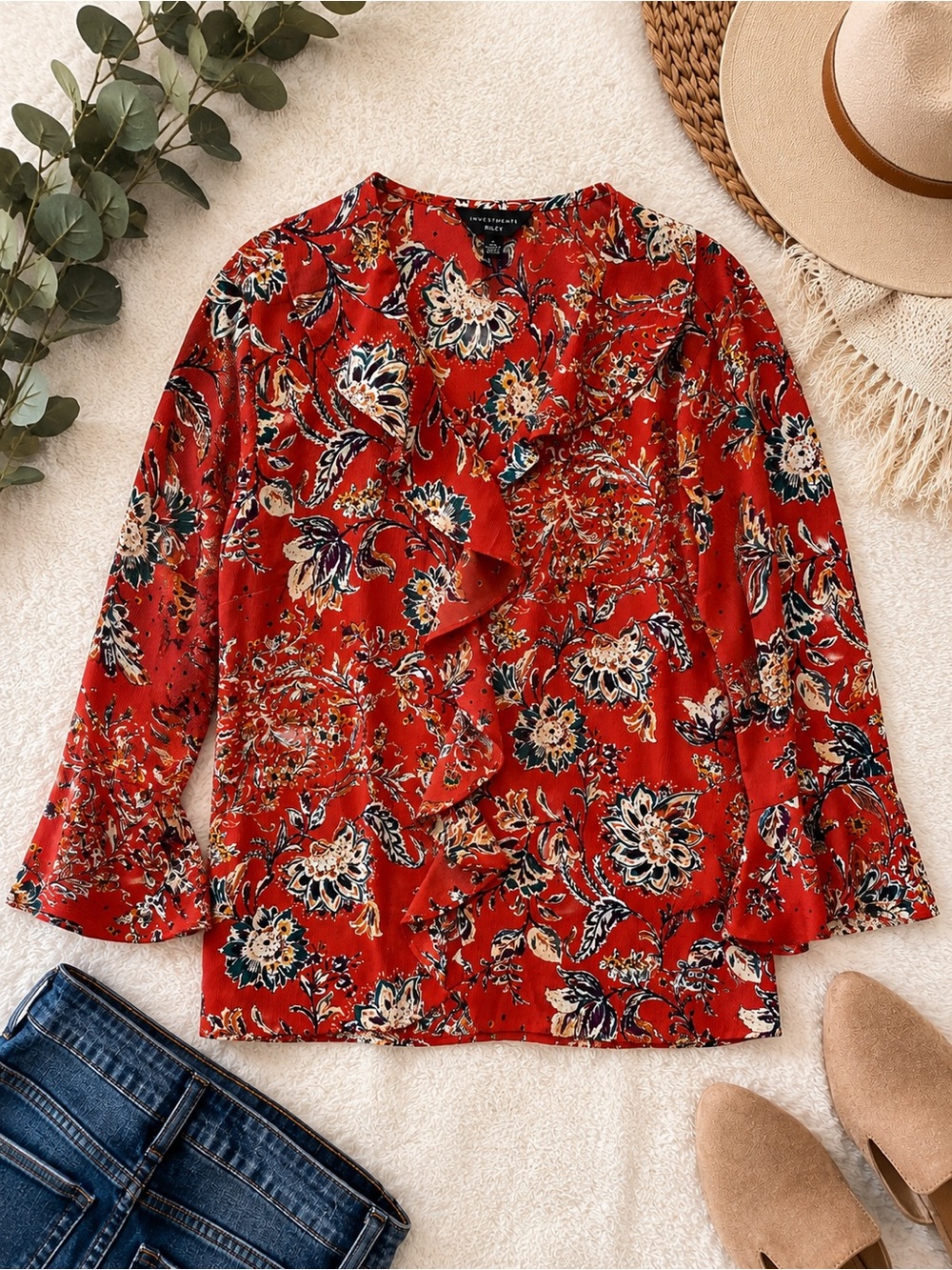 🤎🧡Investments Riley Burnt Orange Floral Ruffle Blouse Boho Romantic Top Sz L🧡🤎
